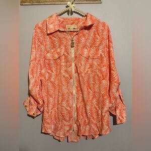 Michael Kors Vibrant Orange and White Zip-Up Blouse XL